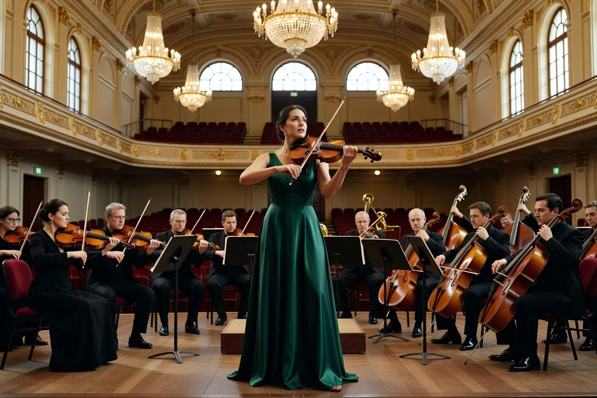 Violoniste soliste debout face à un orchestre dans une salle de concert