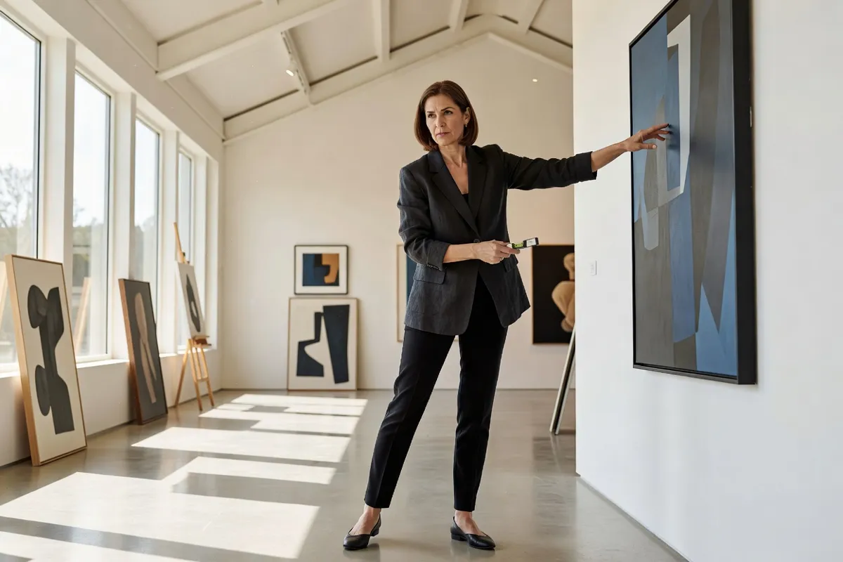 Galeriste installant des pièces dans un espace d'exposition lumineux