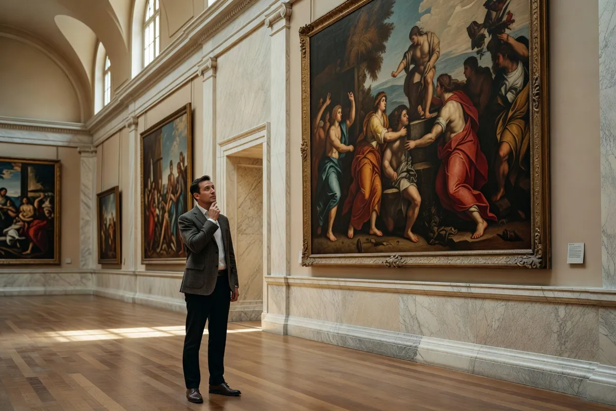 Visiteur devant de grands tableaux encadrés dans une galerie de musée classique