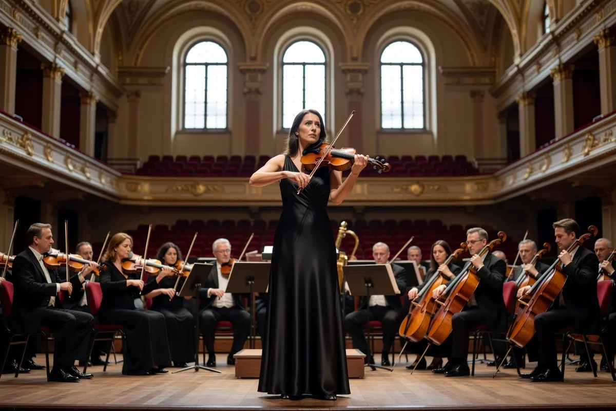 Violoniste soliste debout face à un orchestre dans une salle de concert
