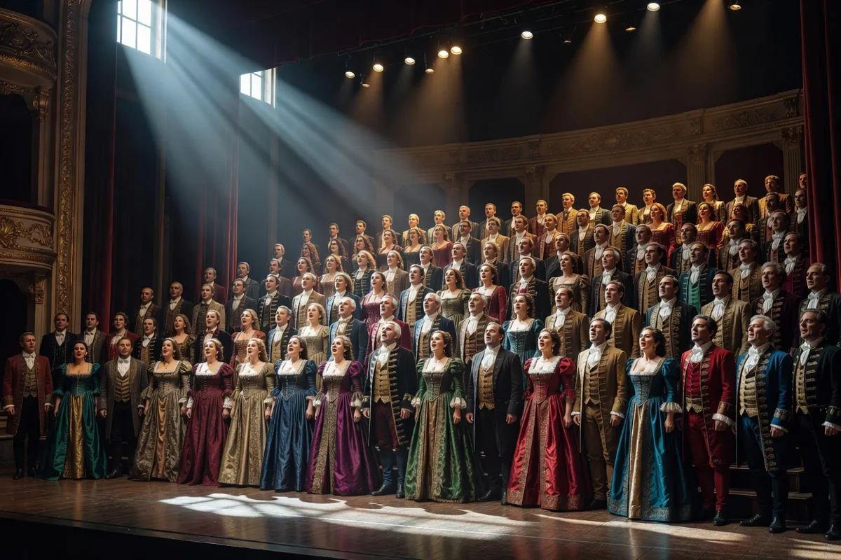 Chœur d'opéra en costumes d'époque sur une grande scène éclairée de façon dramatique