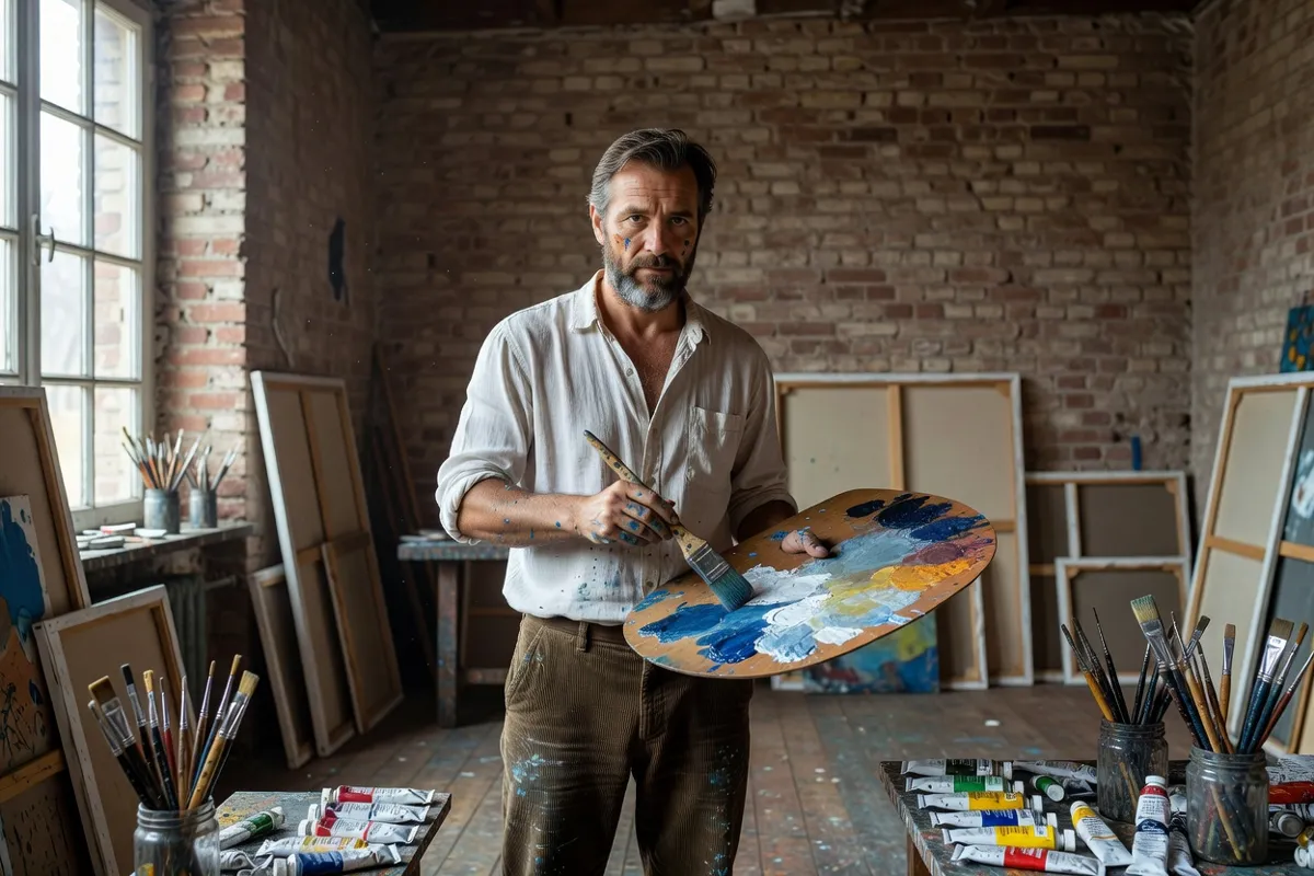 Peintre mélangeant des couleurs sur sa palette dans un atelier rustique éclairé au nord