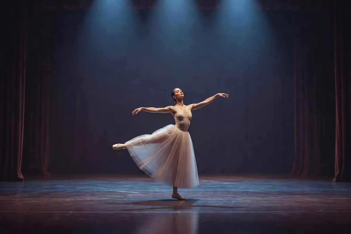 Danseuse en tutu romantique sur une scène de théâtre sous une lumière bleutée