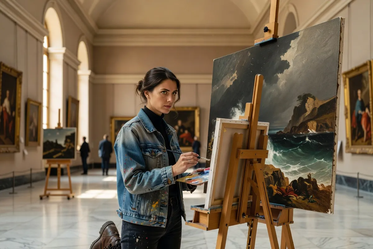 Étudiante en art copiant un tableau dans un musée devant son chevalet