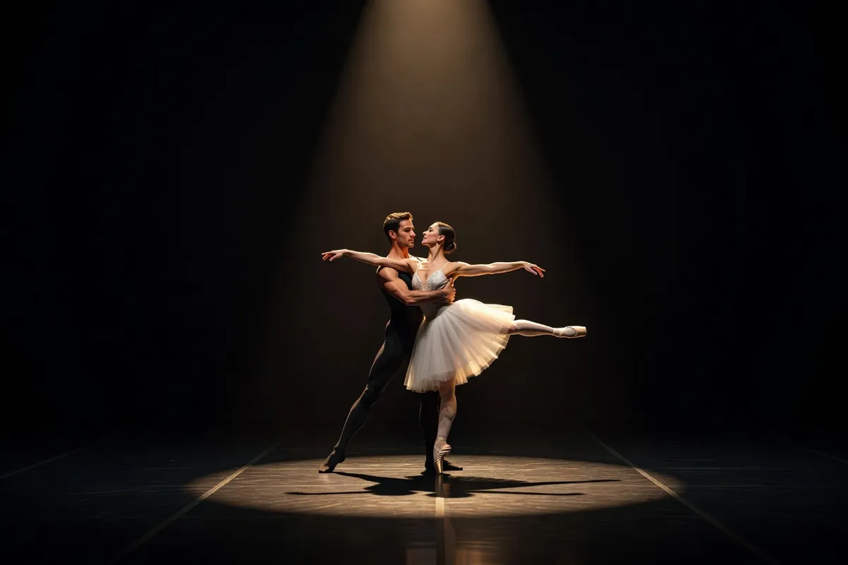 Couple de danseurs exécutant un pas de deux sous un projecteur chaud