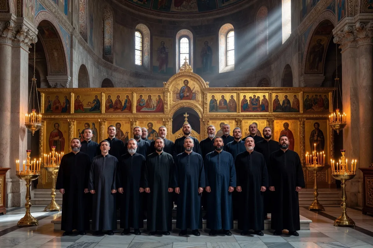 Chœur d'hommes en habits sombres chantant dans une église orthodoxe aux icônes dorées