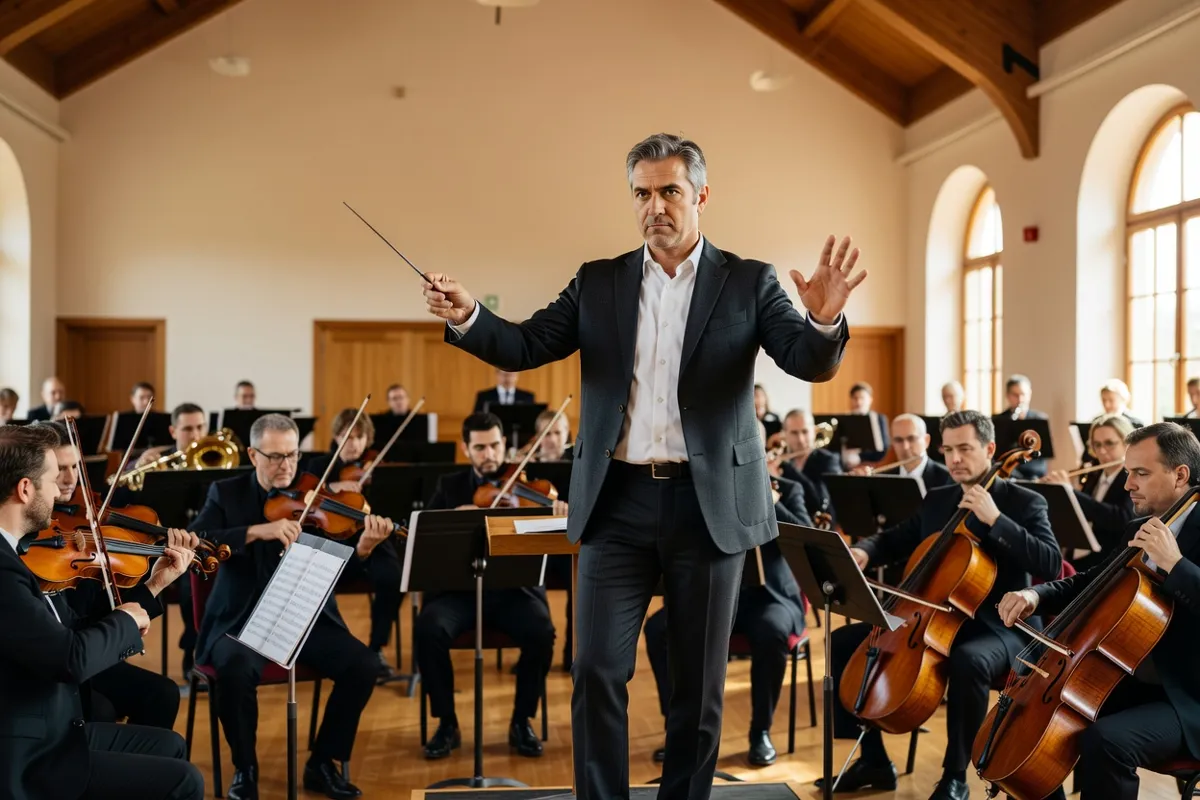 Chef d'orchestre baguette en main répétant avec son orchestre dans une salle de répétition