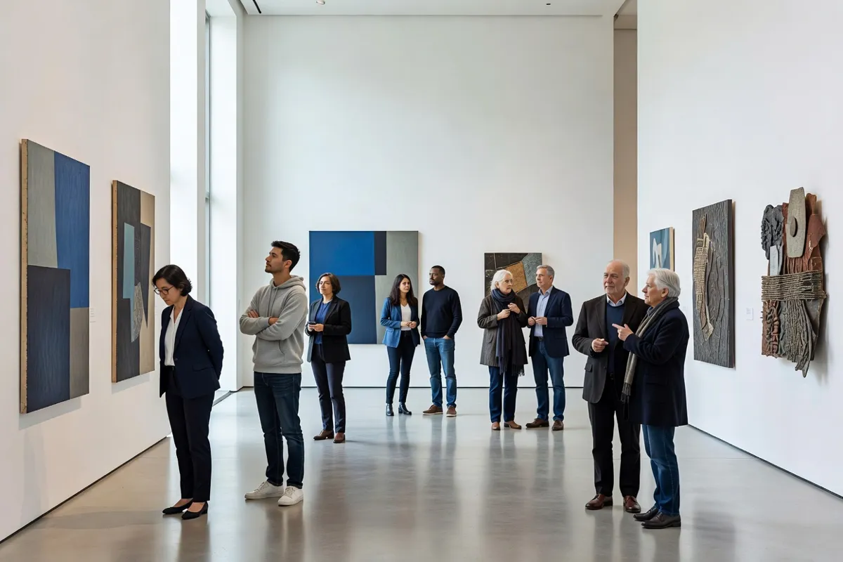 Visiteurs dans un hall de musée moderne regardant des œuvres sur des murs blancs