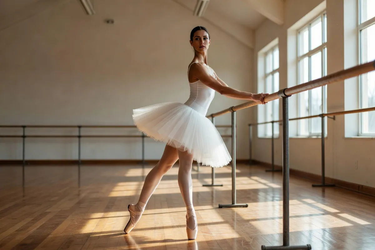 Danseuse en tutu blanc répétant à la barre dans un studio lumineux