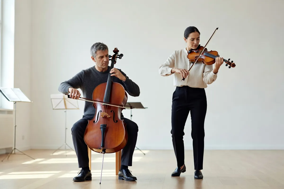 Violoncelliste et violoniste en répétition dans un studio lumineux