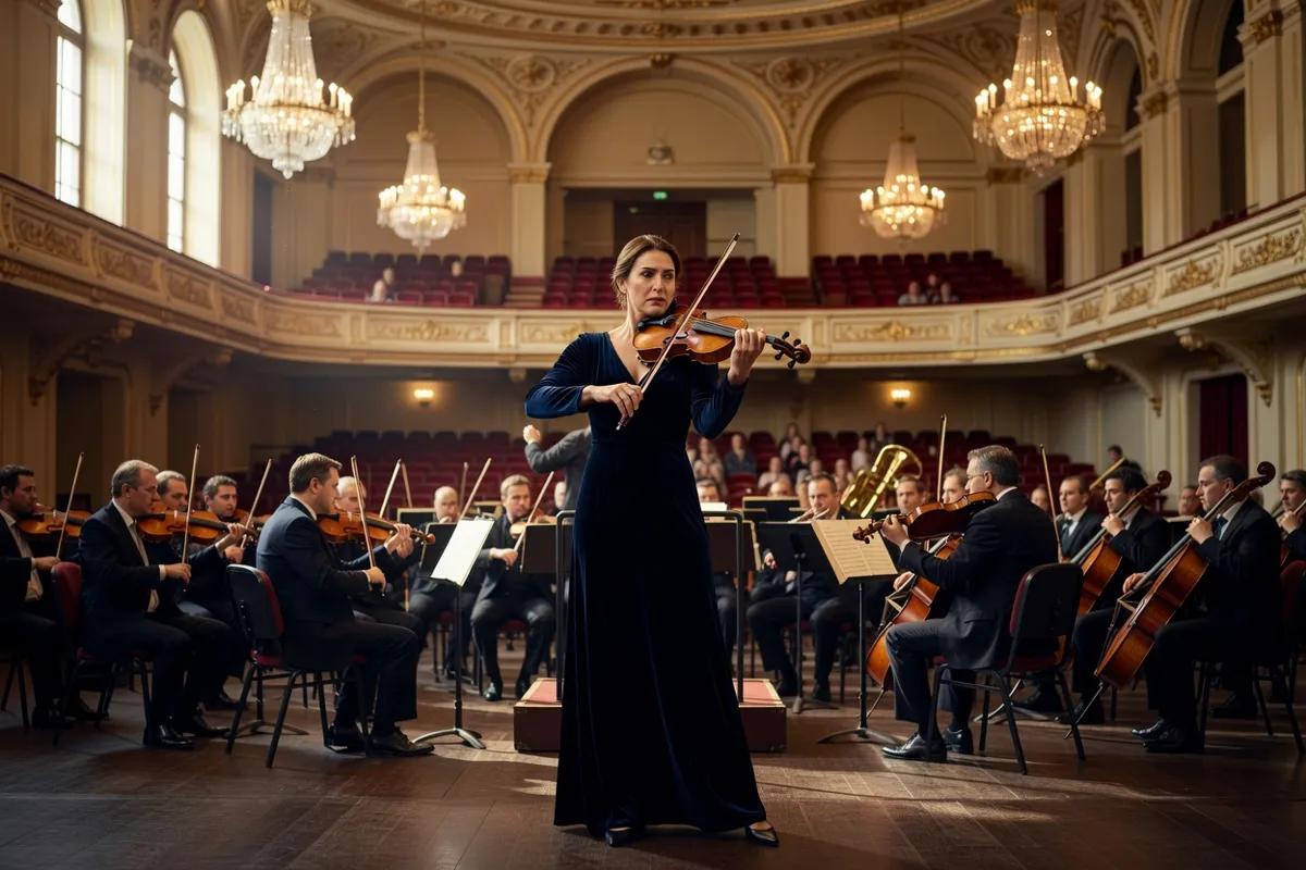 Violoniste soliste debout face à un orchestre dans une salle de concert