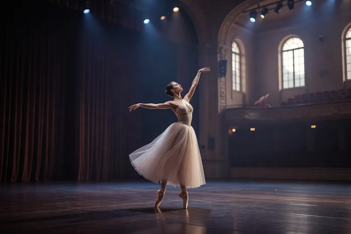 Danseuse en tutu romantique sur une scène de théâtre sous une lumière bleutée