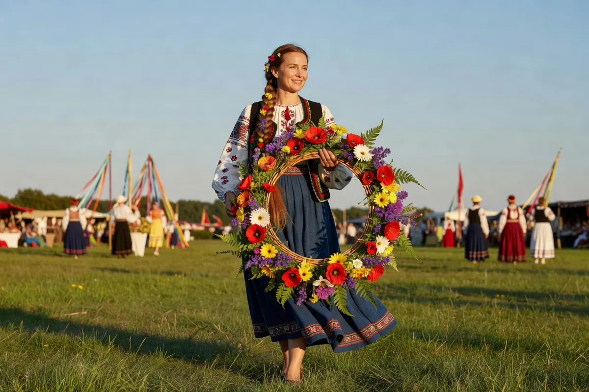 Femme en costume folklorique tenant une couronne de fleurs lors d'un festival d'été