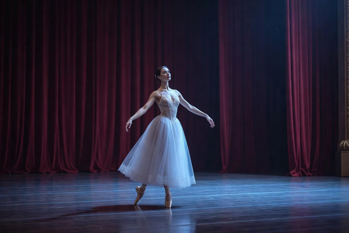 Danseuse en tutu romantique sur une scène de théâtre sous une lumière bleutée