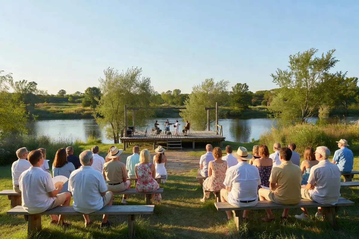 Public adulte assis sur des bancs devant une scène en plein air au bord d'une rivière