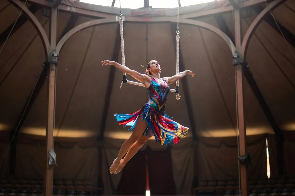 Acrobate en costume coloré sur un trapèze sous un chapiteau