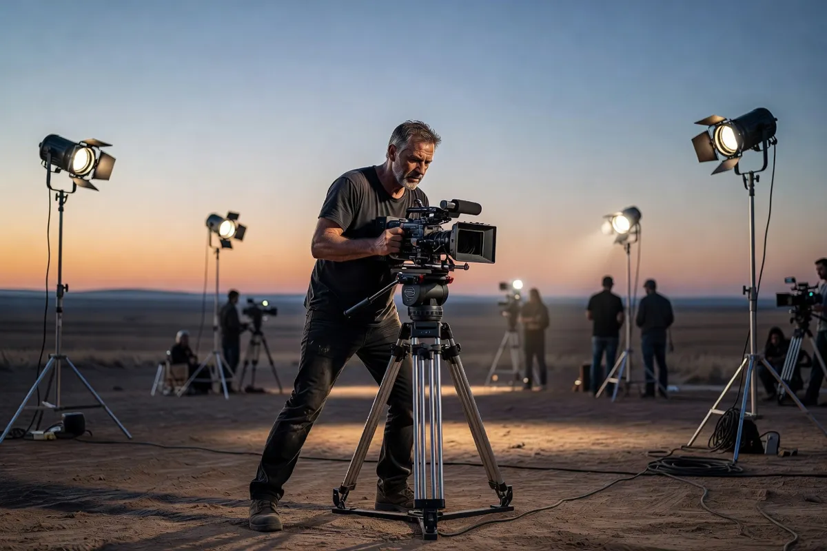 Réalisateur avec une caméra sur un plateau de tournage au crépuscule