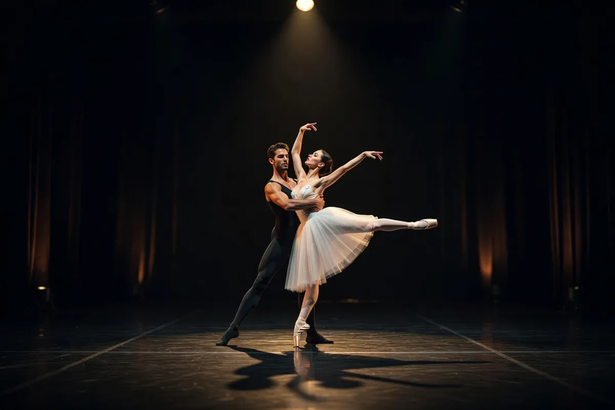 Couple de danseurs exécutant un pas de deux sous un projecteur chaud