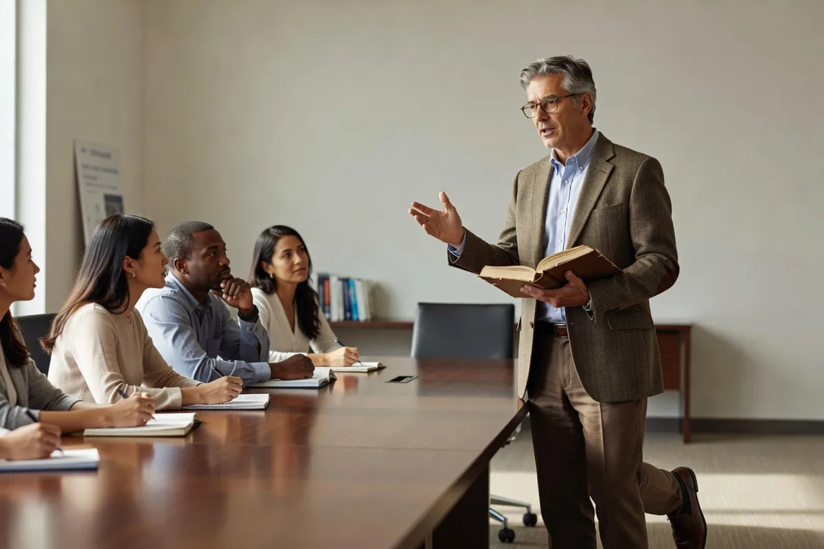Professeur, livre en main, face à un petit groupe d'étudiants adultes en séminaire