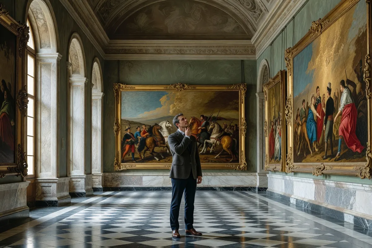 Visiteur devant de grands tableaux encadrés dans une galerie de musée classique