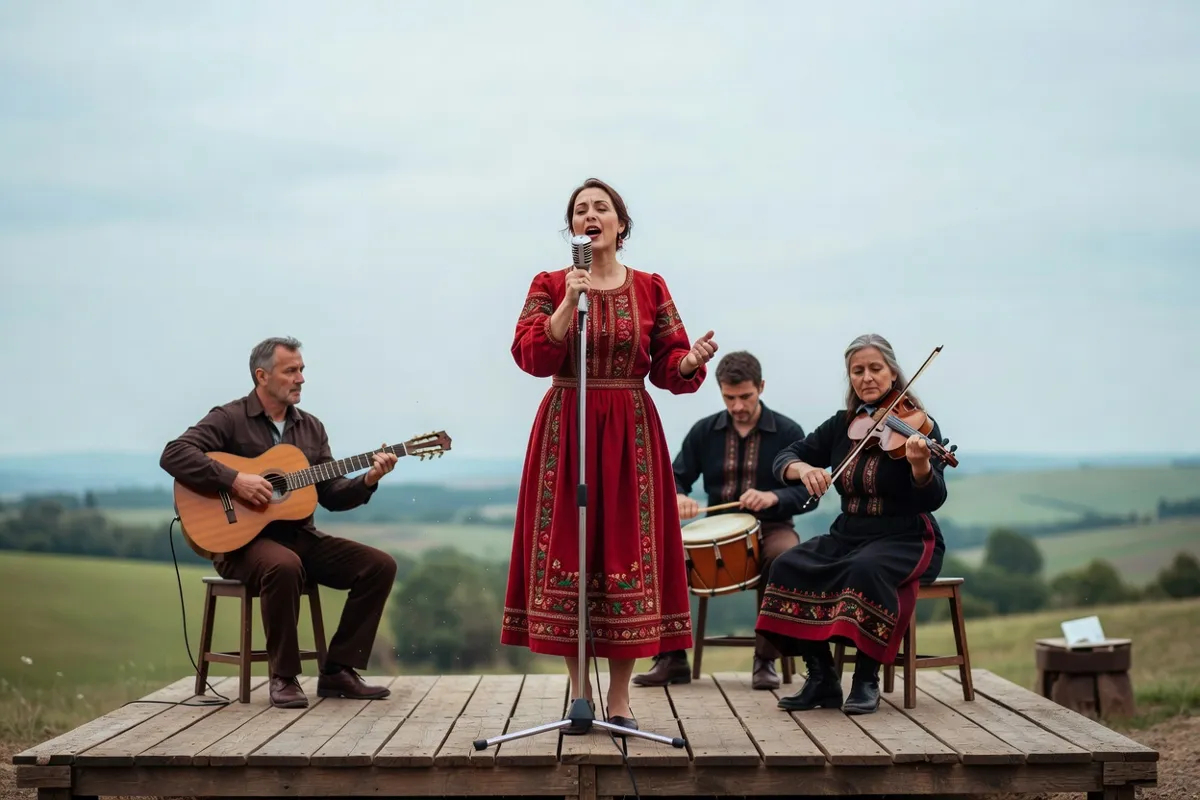 Chanteuse en robe brodée accompagnée d'un petit ensemble folklorique sur scène