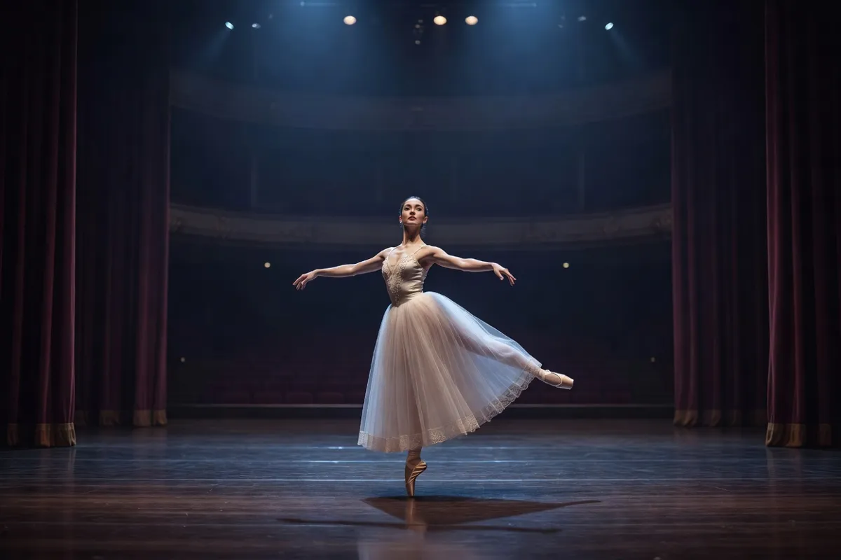 Danseuse en tutu romantique sur une scène de théâtre sous une lumière bleutée