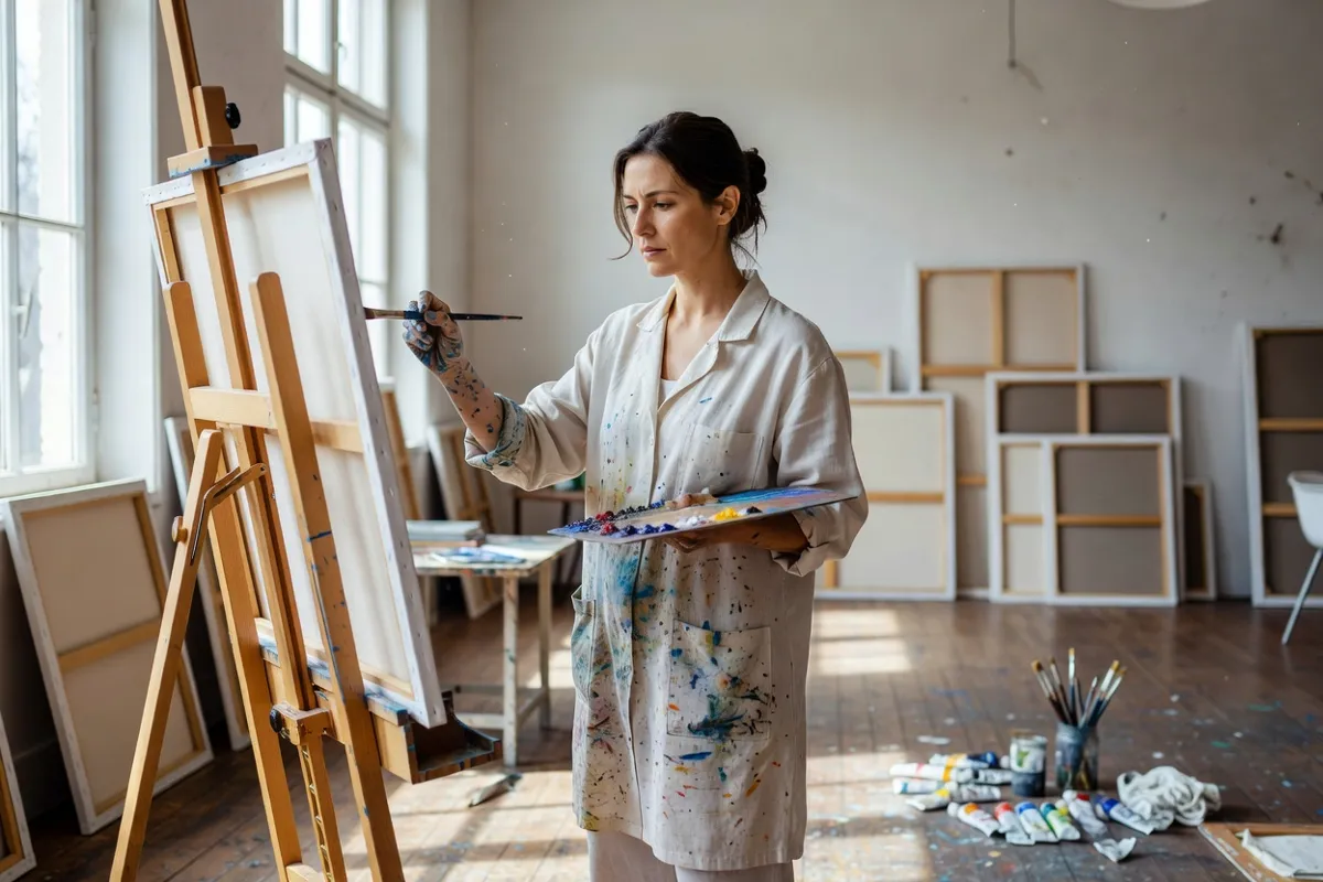 Peintre dans un atelier lumineux devant une grande toile