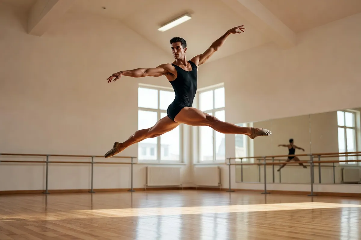 Danseur de ballet en plein saut dans un studio de répétition lumineux
