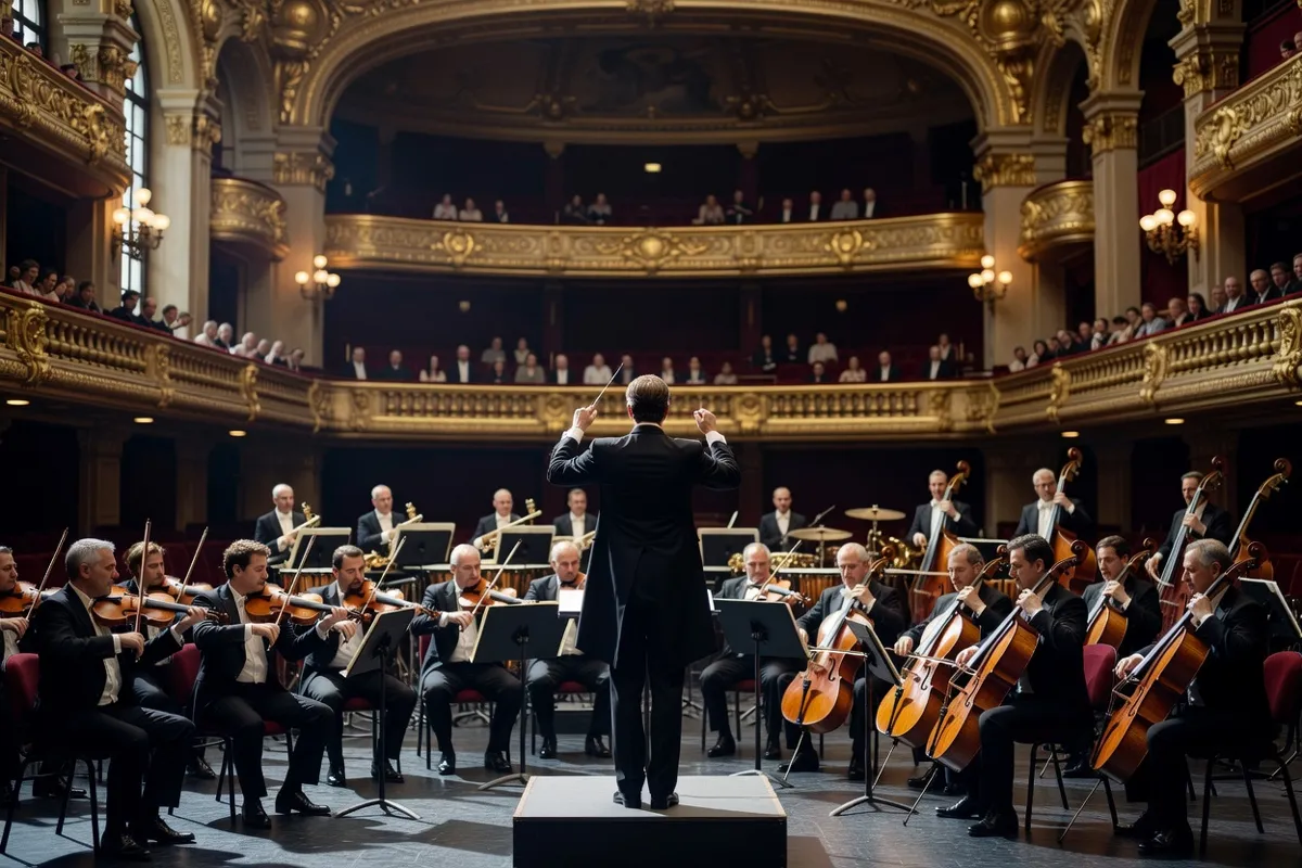 Orchestre symphonique dirigé par un chef vu de dos dans une salle de concert aux balcons dorés