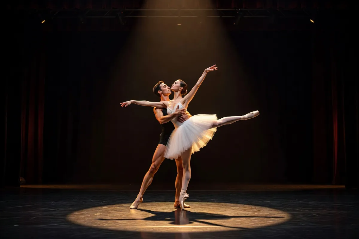 Couple de danseurs exécutant un pas de deux sous un projecteur chaud