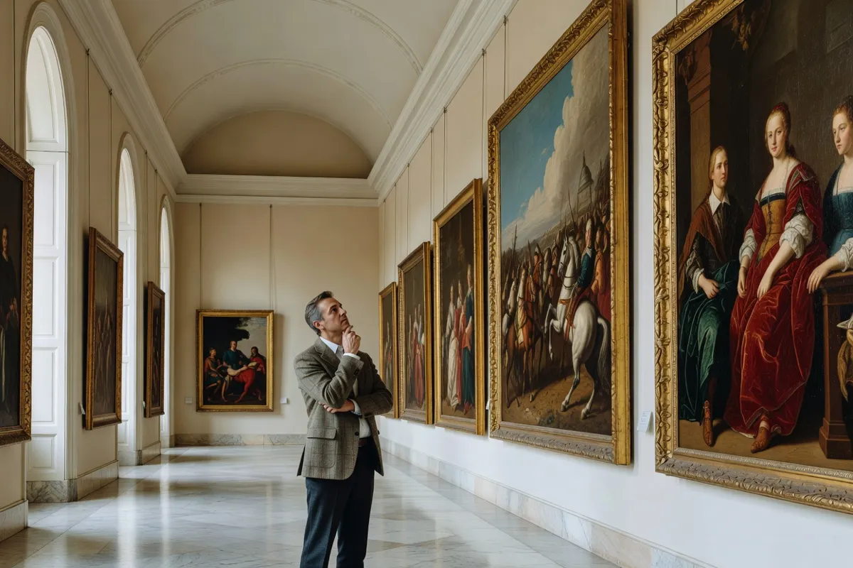 Visiteur devant de grands tableaux encadrés dans une galerie de musée classique
