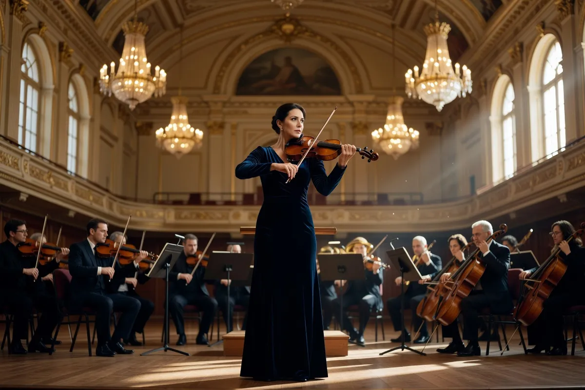 Violoniste soliste debout face à un orchestre dans une salle de concert