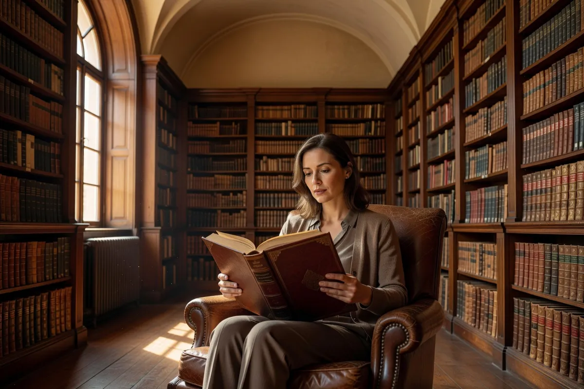 Lectrice plongée dans un gros roman relié cuir dans une vieille bibliothèque