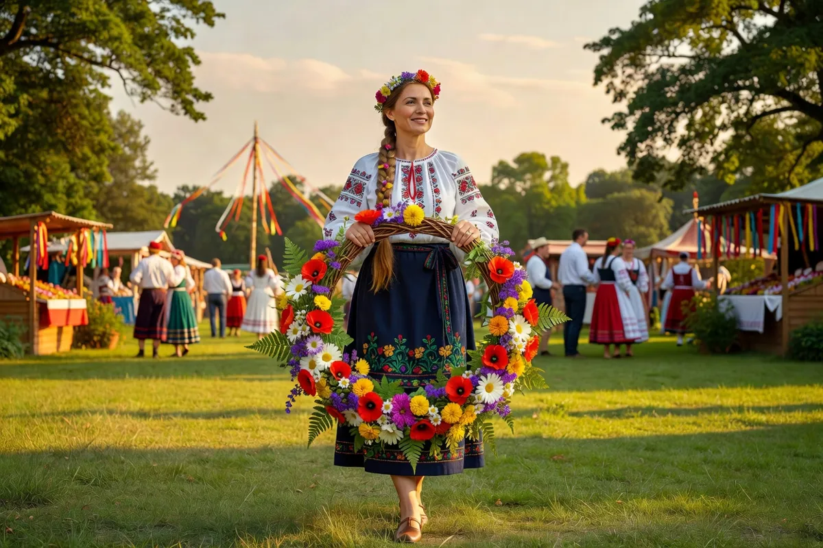 Femme en costume folklorique tenant une couronne de fleurs lors d'un festival d'été