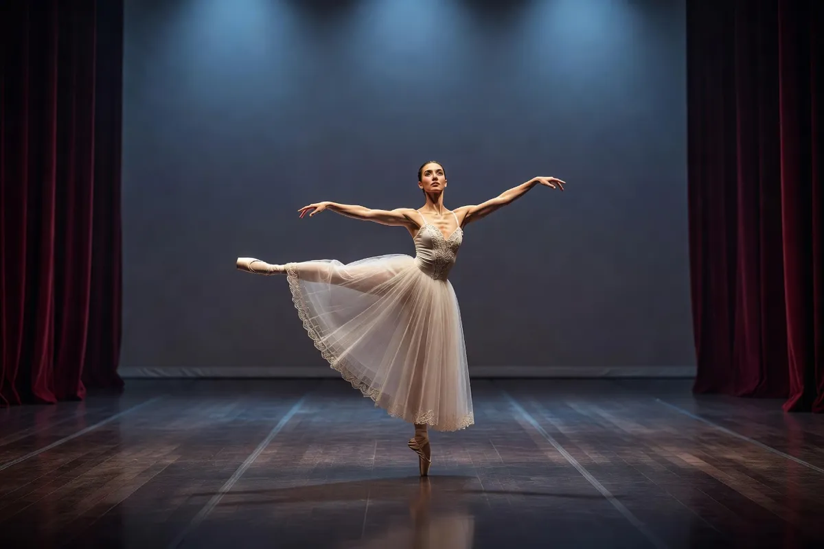 Danseuse en tutu romantique sur une scène de théâtre sous une lumière bleutée