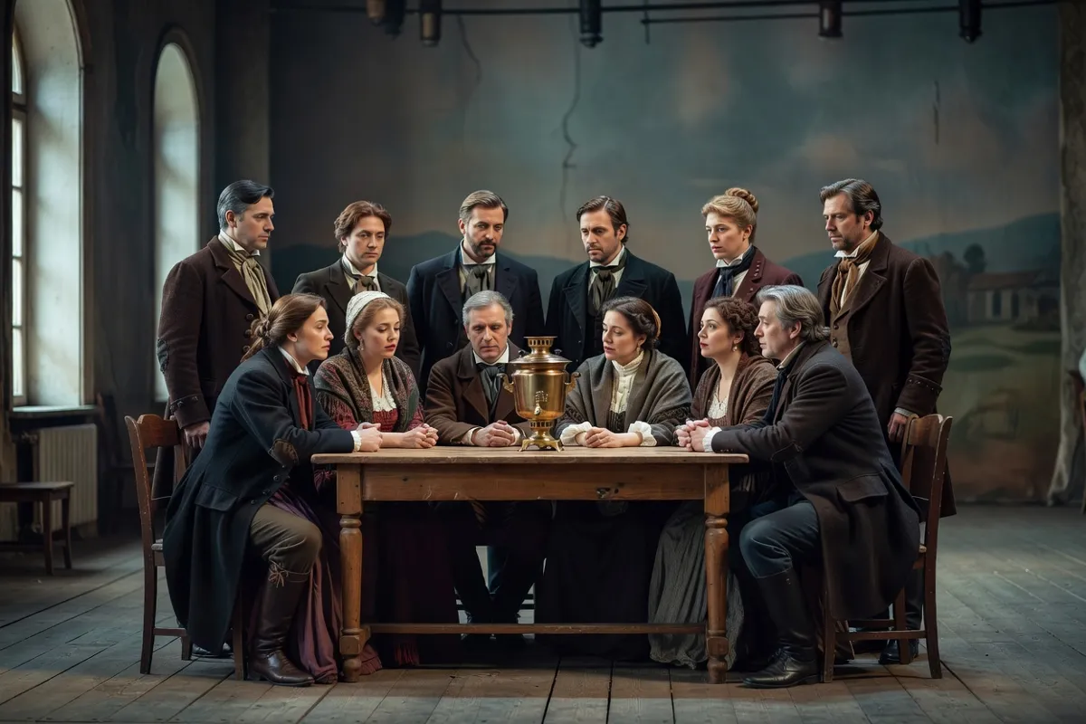 Comédiens en costumes du XIXe siècle autour d'un samovar sur une scène de théâtre