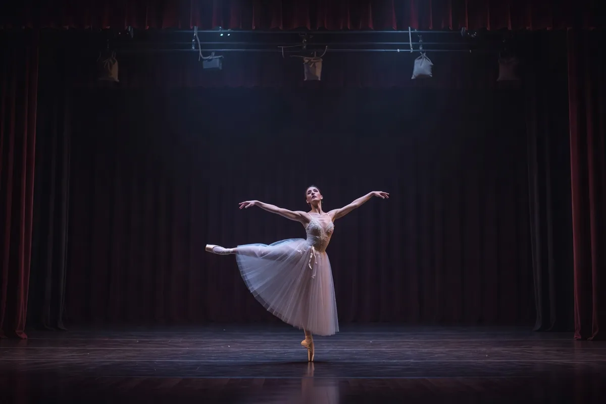 Danseuse en tutu romantique sur une scène de théâtre sous une lumière bleutée