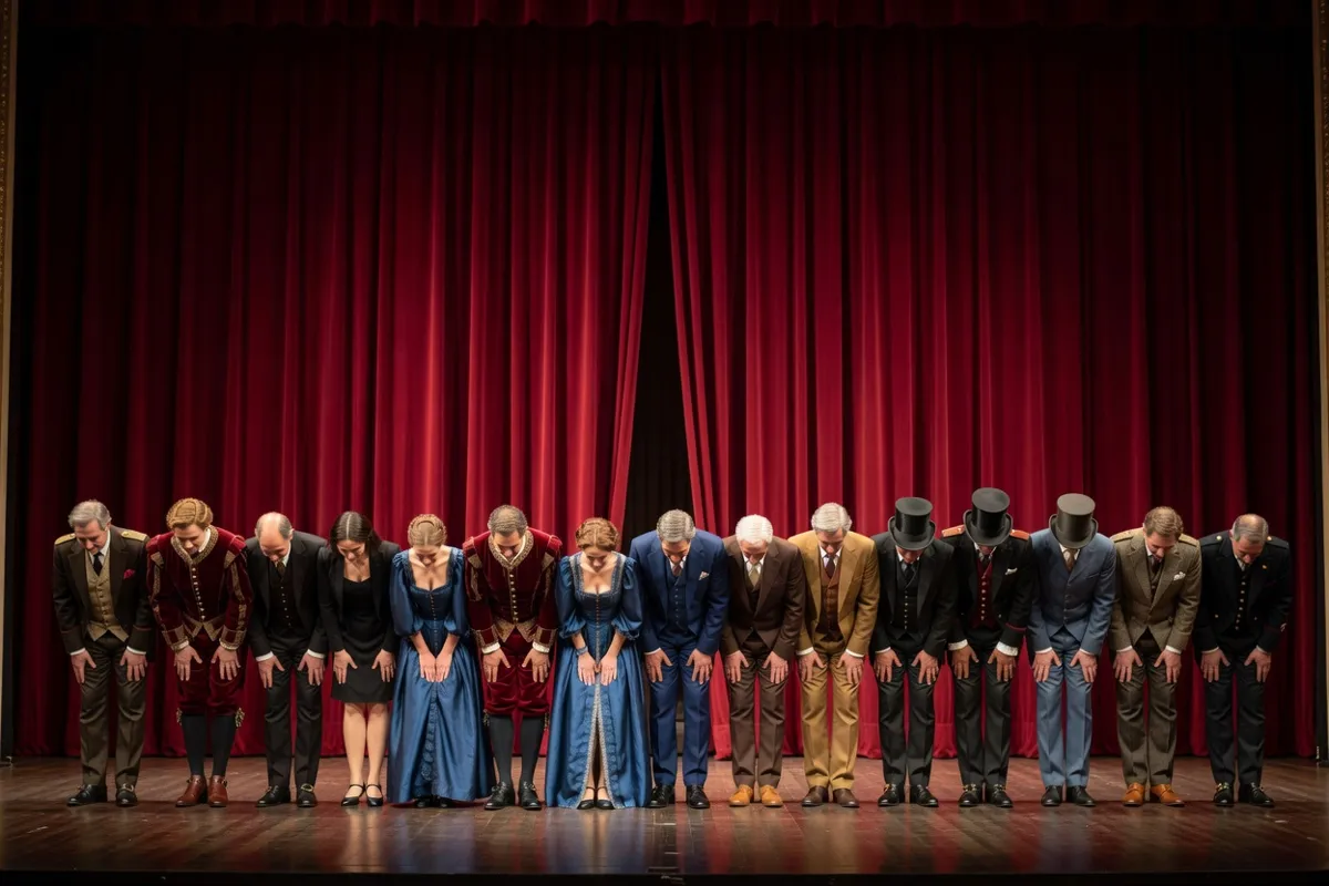 Comédiens en costumes saluant devant un rideau rouge sur une scène de théâtre