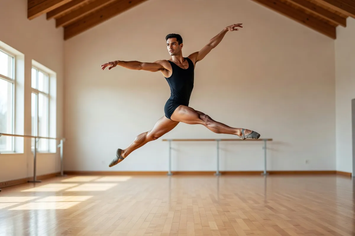 Danseur de ballet en plein saut dans un studio de répétition lumineux