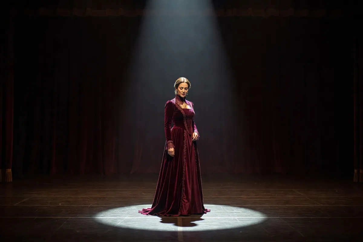 Comédienne en robe d'époque seule sur une scène sombre sous un projecteur