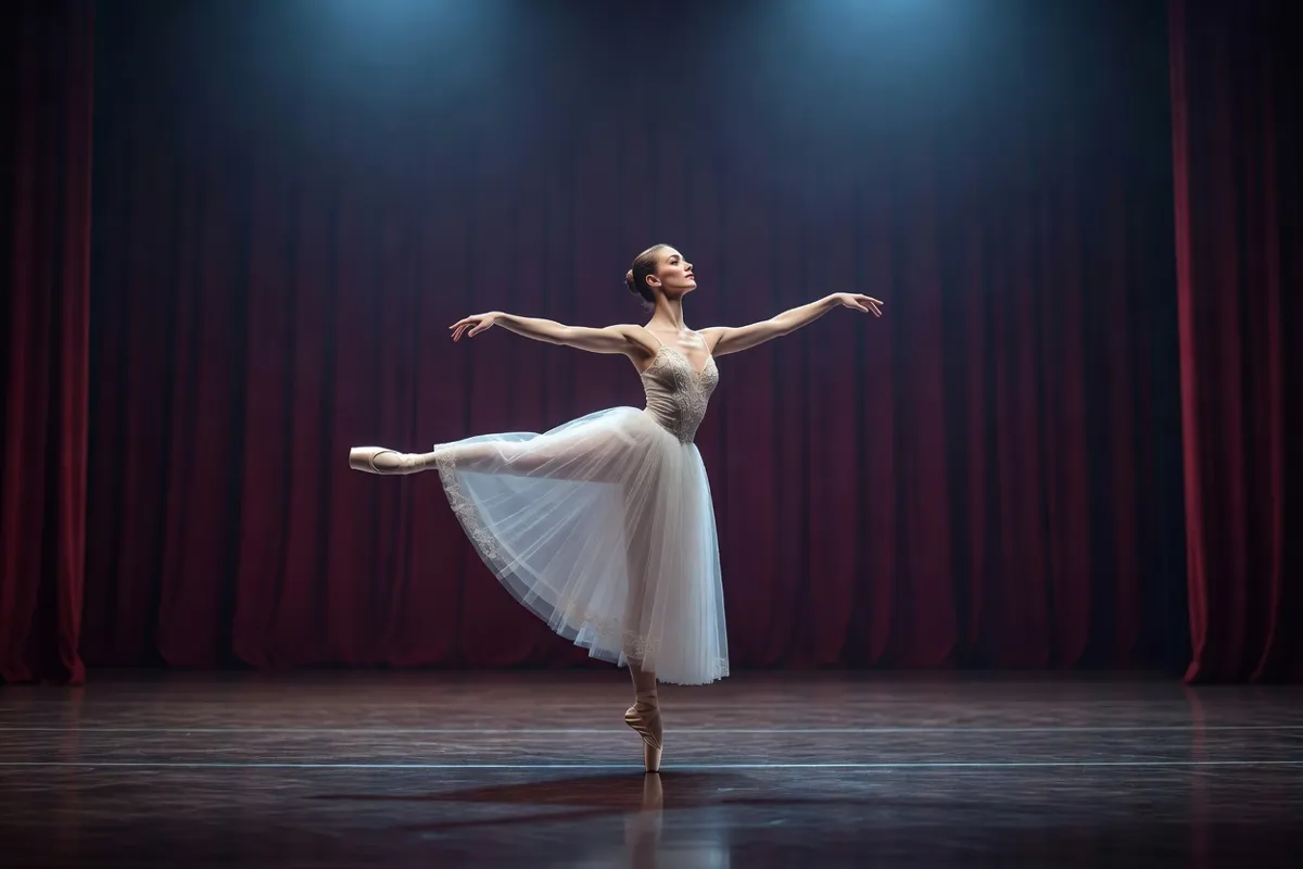 Danseuse en tutu romantique sur une scène de théâtre sous une lumière bleutée