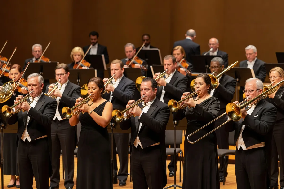 Cuivres d'un orchestre jouant trompettes et cors sous une lumière chaude de scène