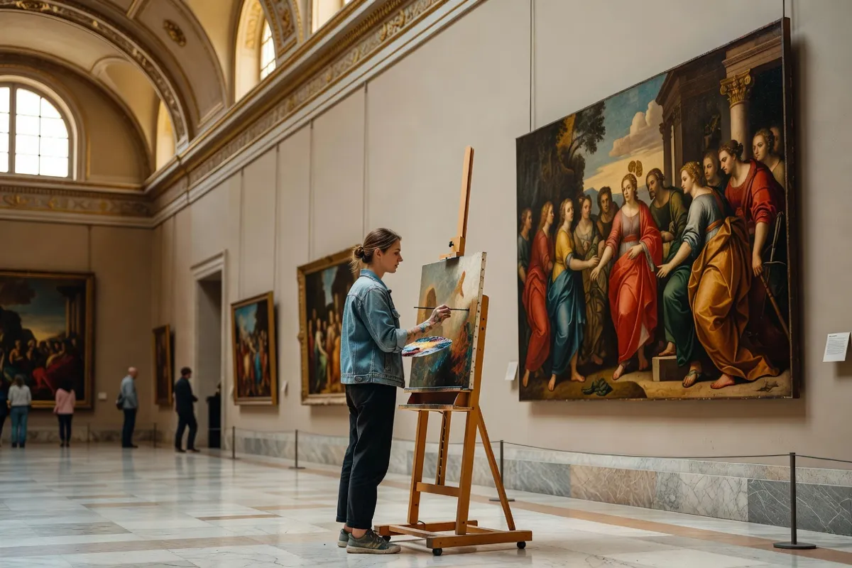 Étudiante en art copiant un tableau dans un musée devant son chevalet