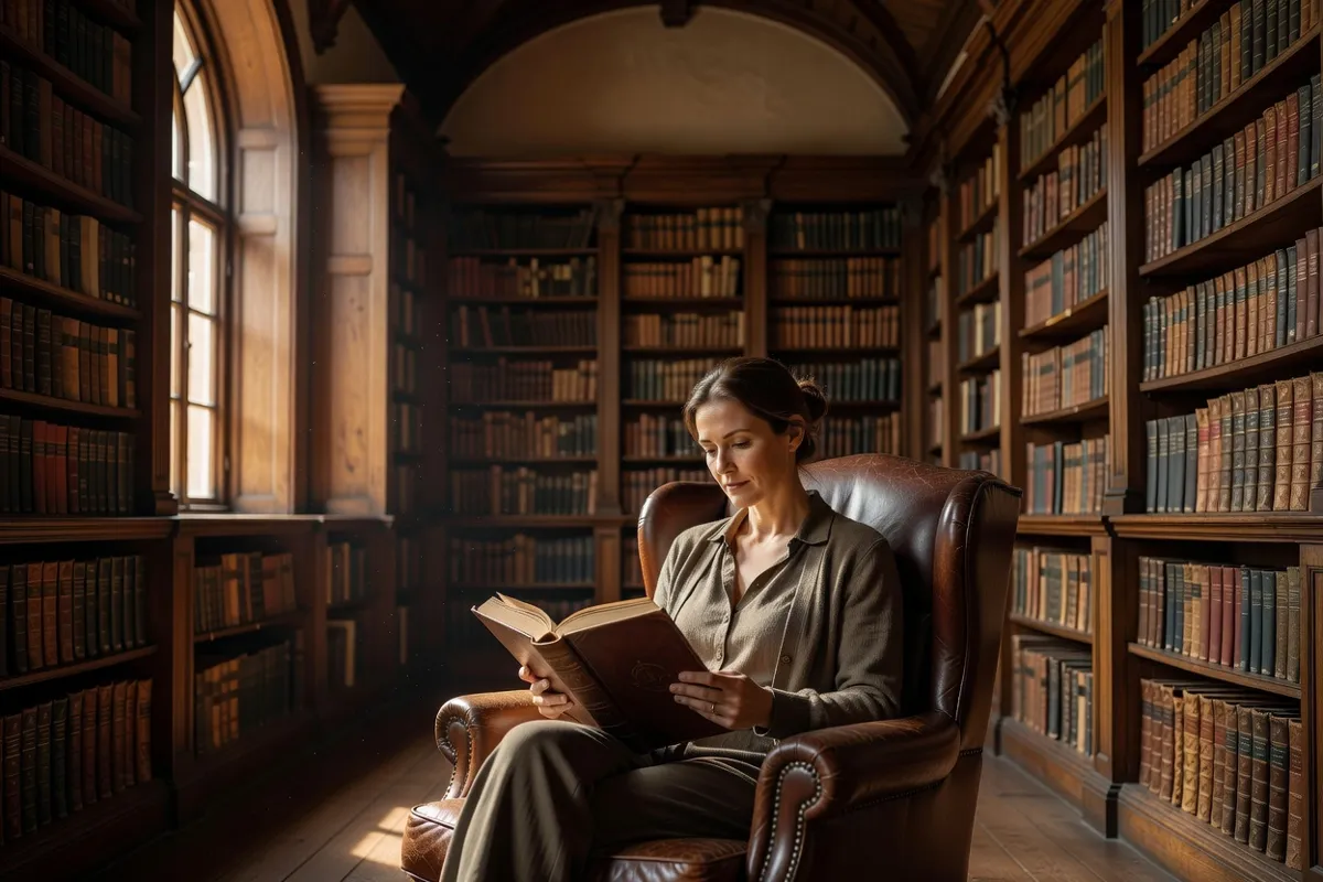 Lectrice plongée dans un gros roman relié cuir dans une vieille bibliothèque