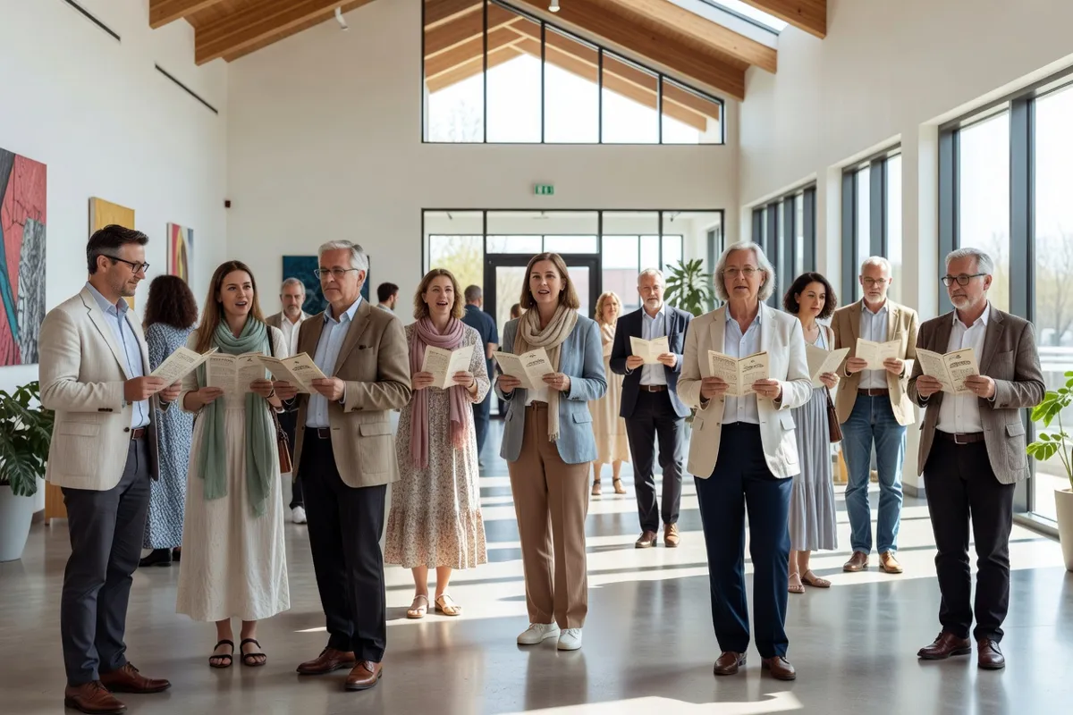 Spectateurs avec programmes réunis dans le foyer lumineux d'un centre culturel