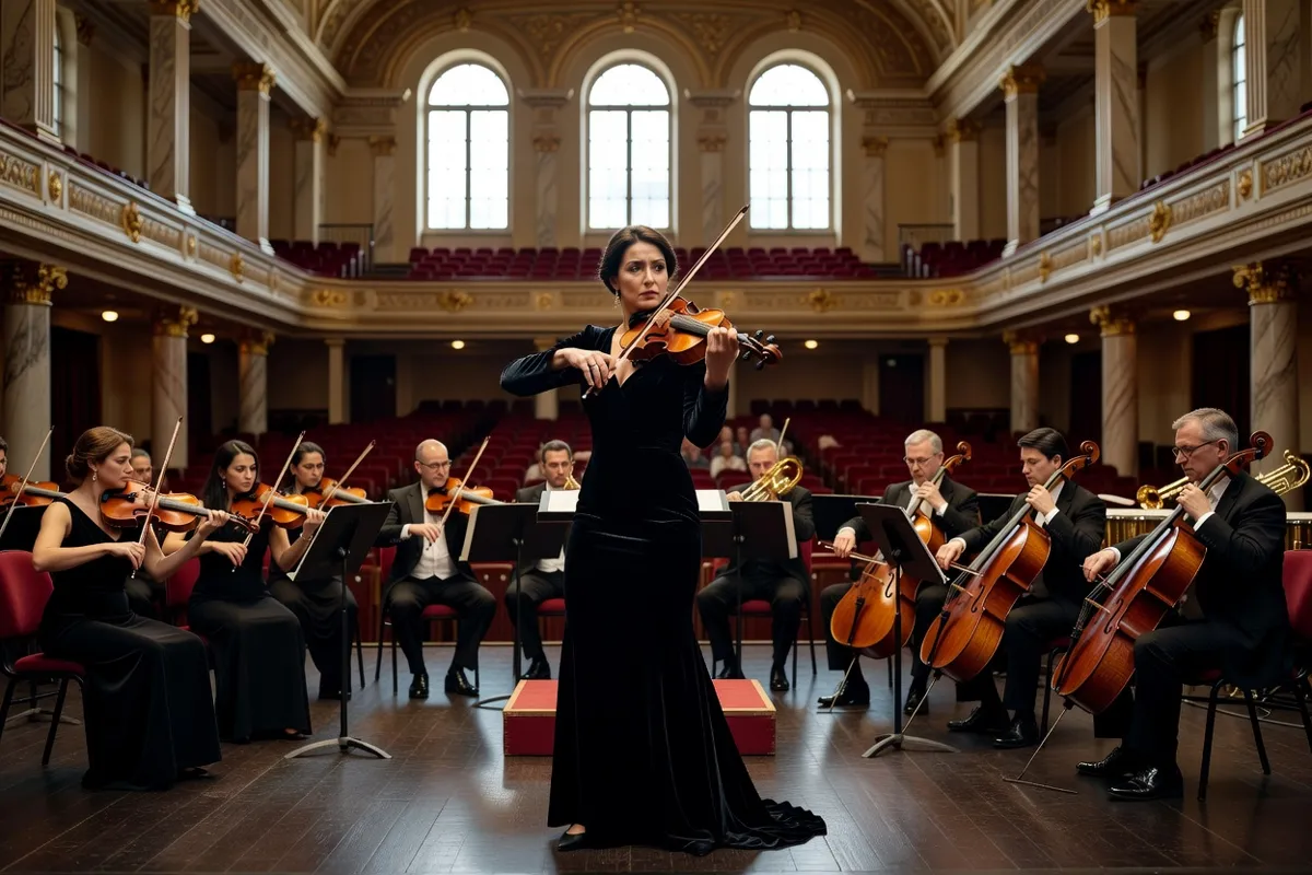 Violoniste soliste debout face à un orchestre dans une salle de concert