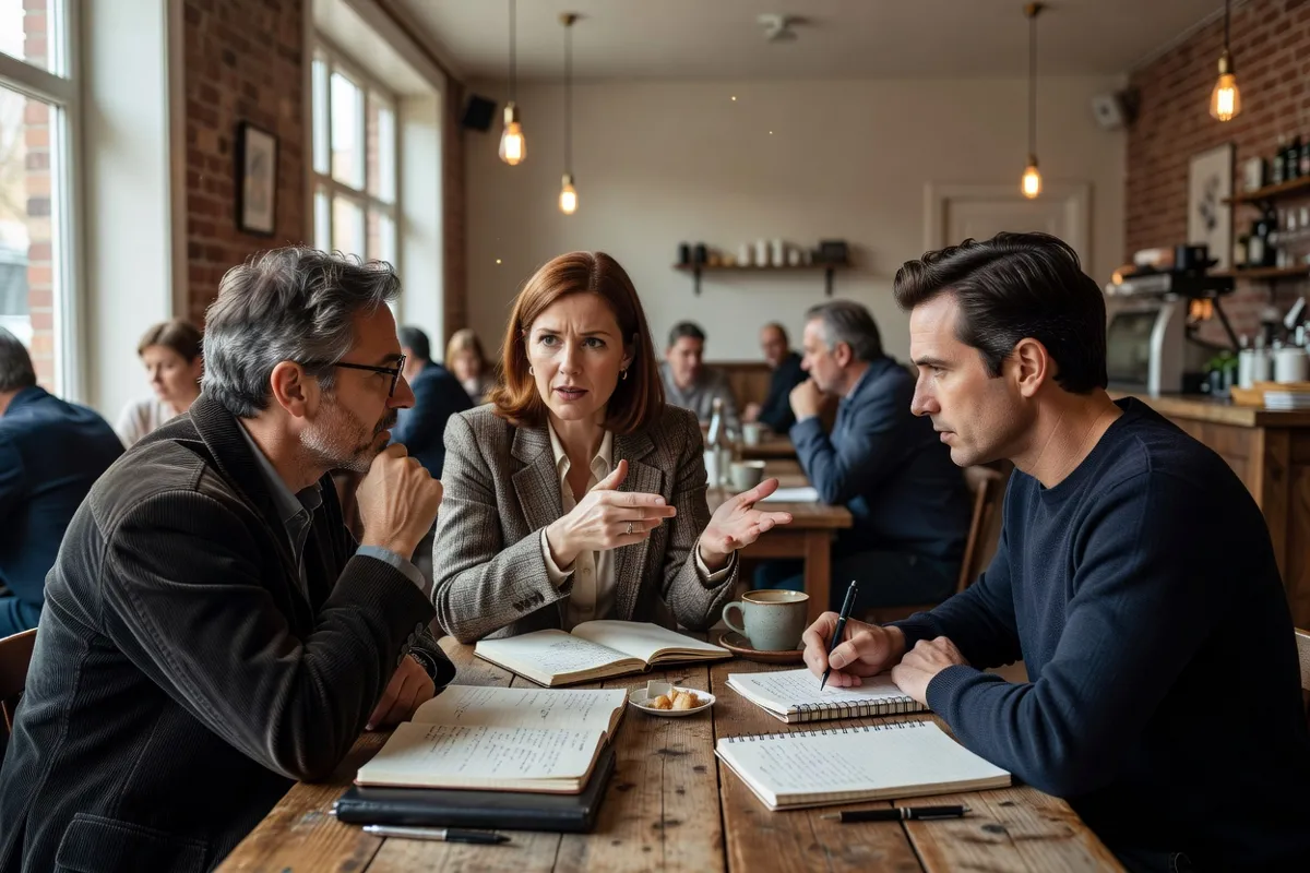 Critiques de cinéma discutant dans un café après une projection, carnets sur la table