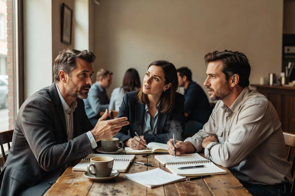 Critiques de cinéma discutant dans un café après une projection, carnets sur la table
