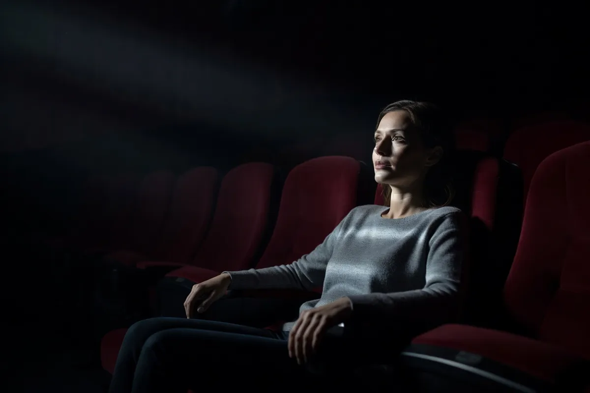 Spectatrice dans une salle de cinéma obscure, visage éclairé par l'écran