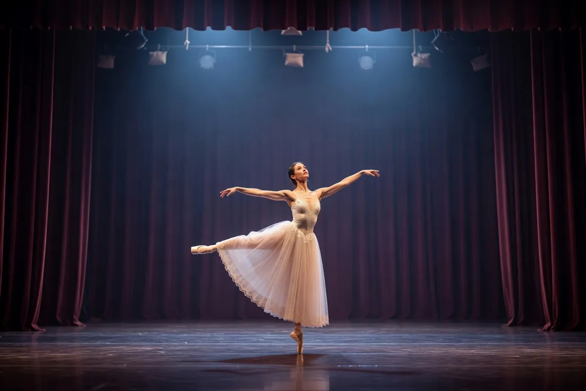 Danseuse en tutu romantique sur une scène de théâtre sous une lumière bleutée